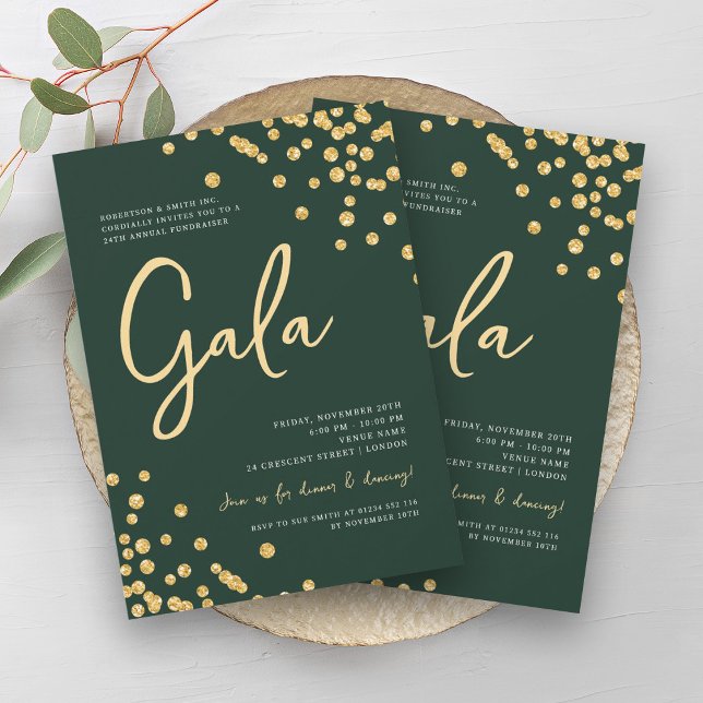 Formal Corporate Gala Gold Confetti Emerald Einladung (Formal Corporate Gala Gold Confetti Emerald Invitation)
