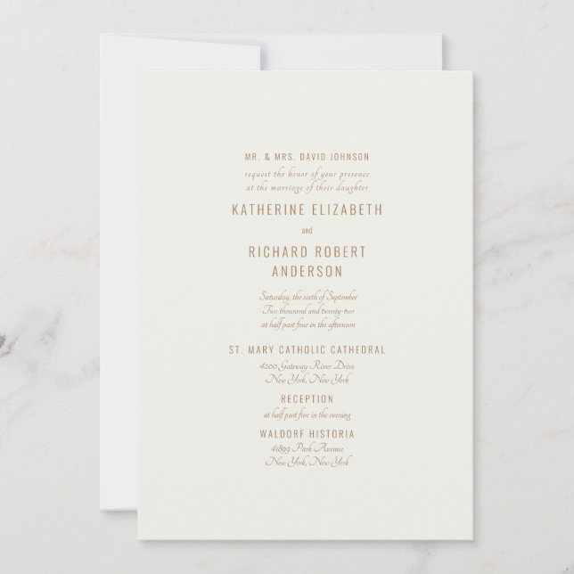 Formal Cream Gold Text Zwei Venue Bride Eltern Einladung (Vorderseite)