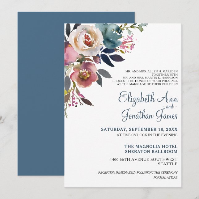 Formal Dusty Blue Champagner Wein Blumenzwiebeln Einladung (Vorne/Hinten)