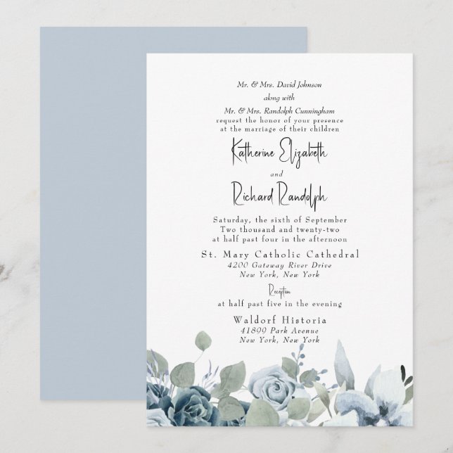 Formal Dusty Blue Floral Elegante Hochzeit Einladung (Vorne/Hinten)