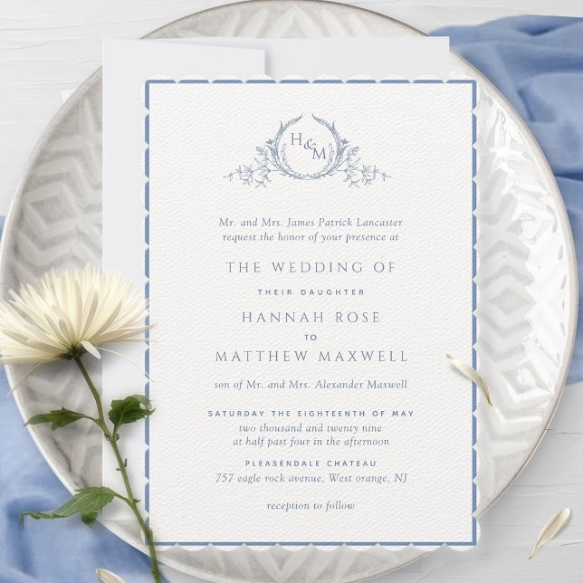 Formal Dusty Blue Monogram Watercolor Wedding Invi Einladung (Von Creator hochgeladen)