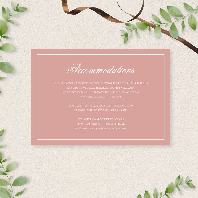 Formal Dusty Rose Script Wedding Accommodations Begleitkarte (Von Creator hochgeladen)