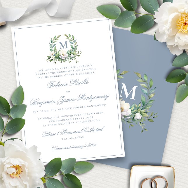 Formal Elegant Blue Floral Wappen Monogram Wedding Einladung (Von Creator hochgeladen)