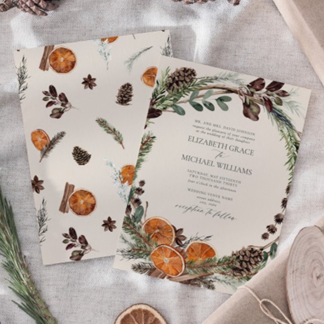 Formal Elegant Boho Greenerie Citrus Winter Weddin Einladung (Easily personalize this formal bohemian citrus invitation for the perfect fall or winter wedding)