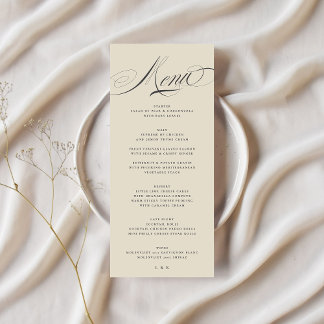 Formal Elegant Calligraphy Charcoal Beige Hochzeit Menükarte