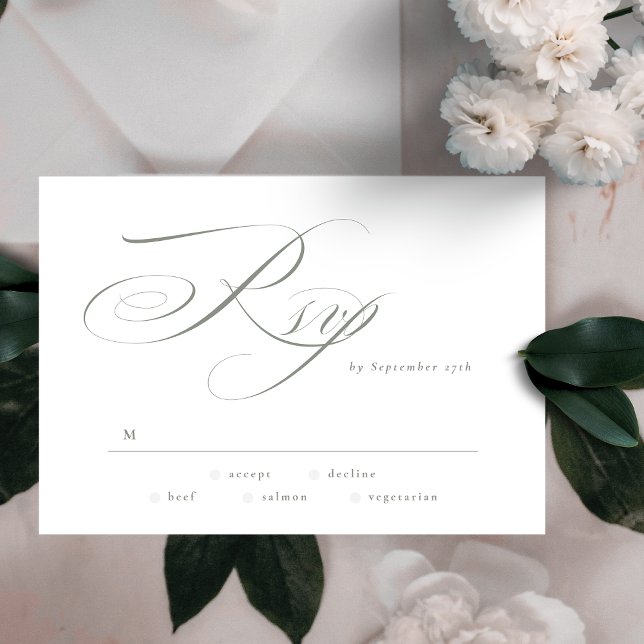 Formal Elegant Calligraphy Gray Green Wedding RSVP Karte (Von Creator hochgeladen)