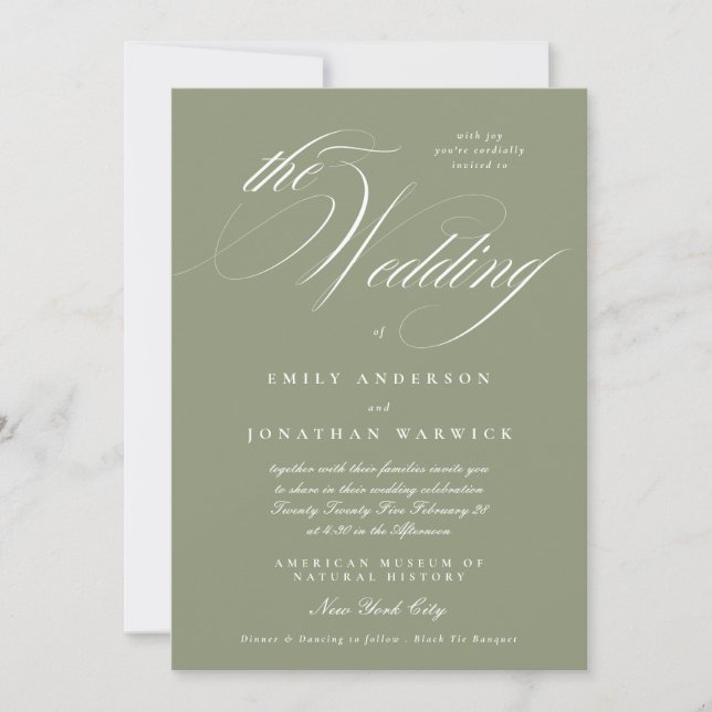 Formal Elegant Calligraphy Sage Green The Wedding Einladung (Vorderseite)