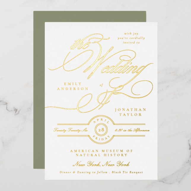 Formal Elegant Gold Calligraphy Sage White Wedding Folieneinladung (Vorderseite/Rückseite)