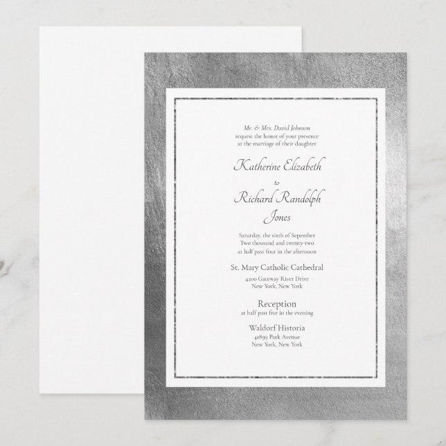 Formal & elegant Hochzeit Weiß & Silber Einladung (Vorne/Hinten)