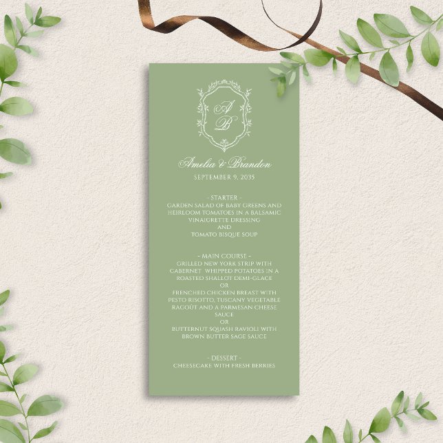 Formal Elegant Sage Green Monogram Crest Wedding Menükarte (Von Creator hochgeladen)