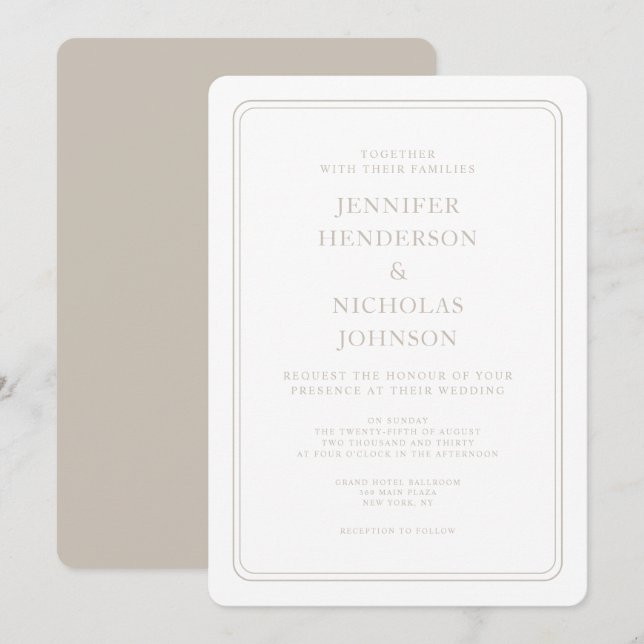 Formal Elegant Taupe Wedding Einladung (Vorne/Hinten)