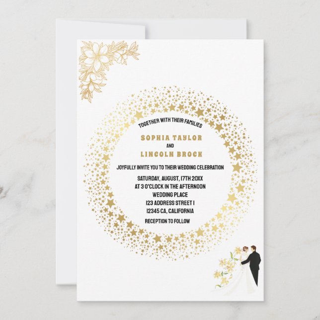 Formal, elegant, weiß und Gold Monogram Hochzeit Einladung (Vorderseite)