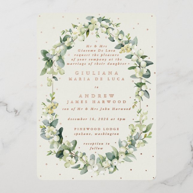 Formal Elegante Cream Snowberry+Eukalyptus Wedding Folieneinladung (Vorderseite)