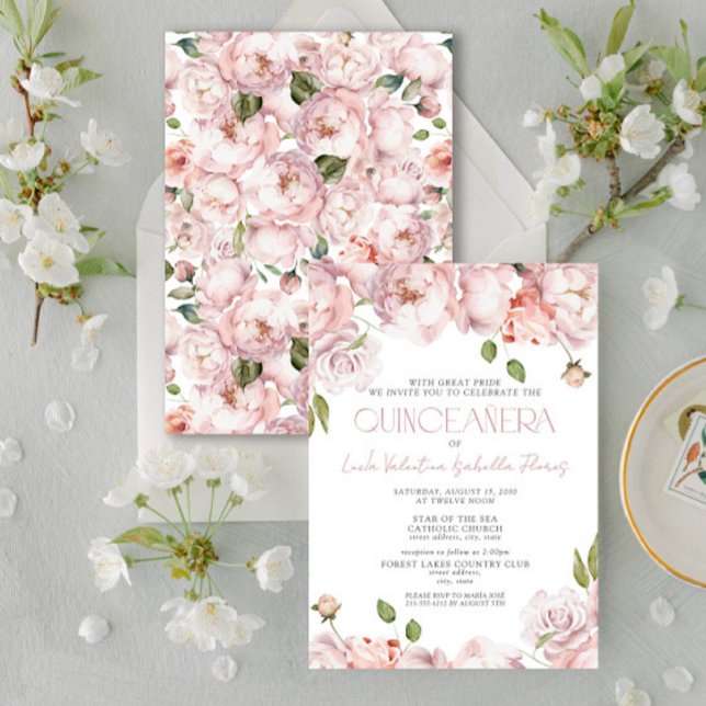 Formal Elegante Rosa Blütenbraun Quinceanera Einladung (Von Creator hochgeladen)
