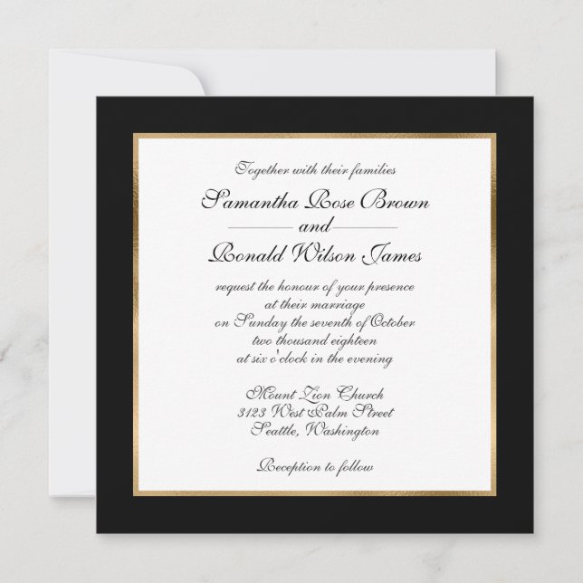 Formal elegante Schwarz-weiße Goldhochzeit Einladung (Vorderseite)