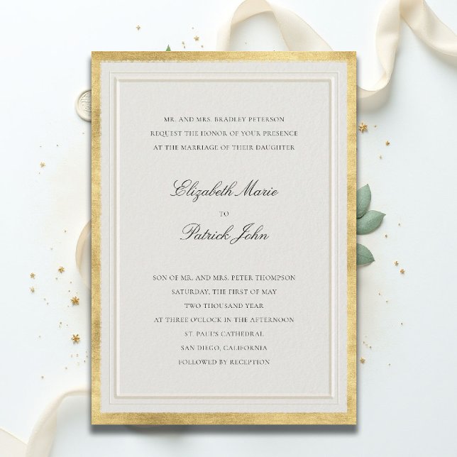 Formal Elevated Golden Ecru Modern Classic Wedding Einladung (formal traditional wedding invitation modern classic double frame ballroom gold ecru black white)