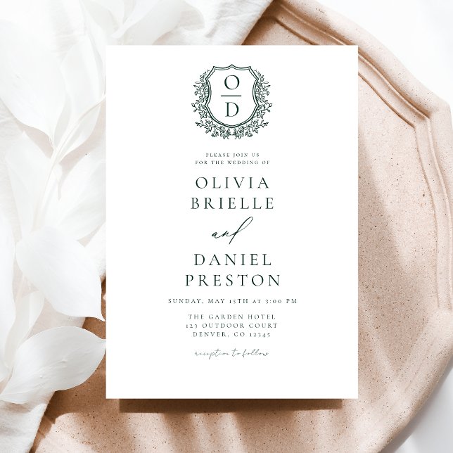 Formal Emerald Green Leafy Wappen Monogram Wedding Einladung (Von Creator hochgeladen)