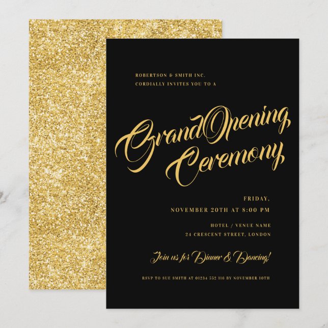 Formal Gold Black Glitzer Corporate Grand Opening Einladung (Vorne/Hinten)
