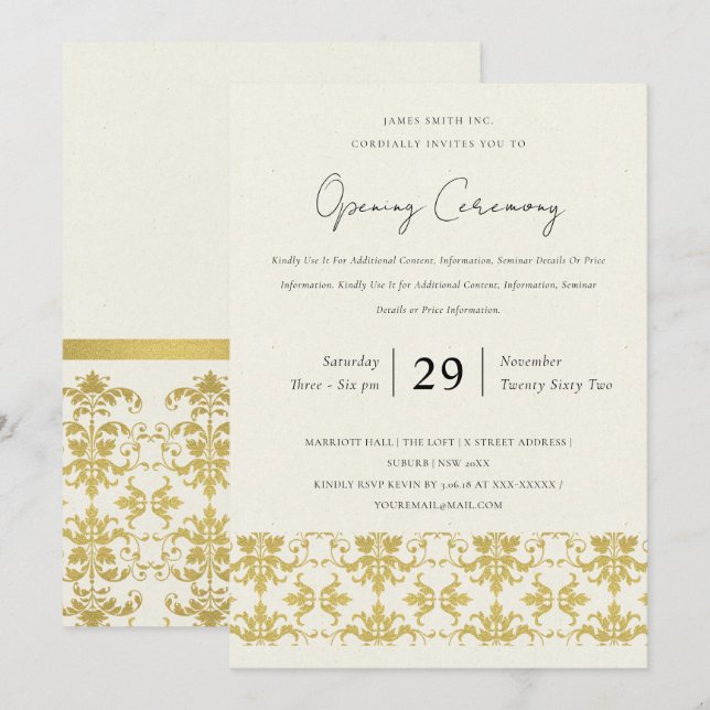 FORMAL GOLD DAMASK GRAND ÖFFNUNGSZEREMONIE EINLADUNG (Vorne/Hinten)