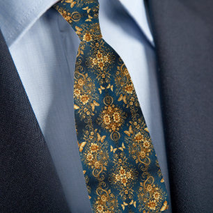Formal Gold Deep Blue Fower Bouquets Butterfliegen Krawatte