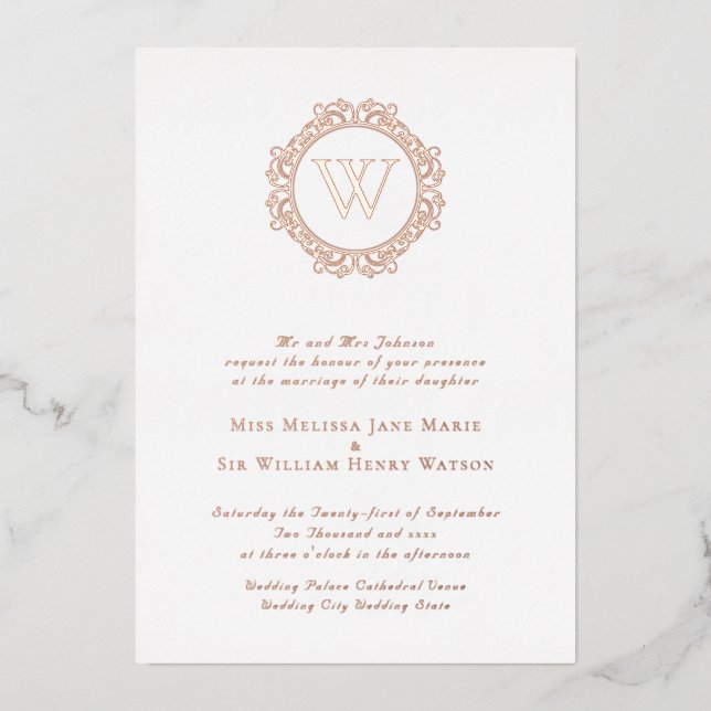 Formal-Gold der eleganten Monogram-Rose Folieneinladung (Vorderseite)