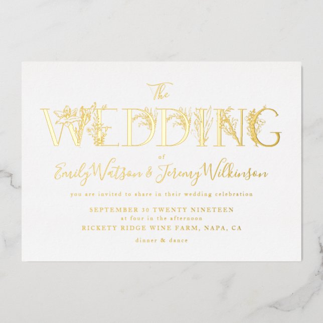 Formal Gold Floral Letters Wedding Folieneinladung (Vorderseite)