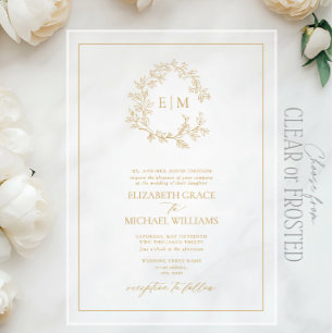 Formal Gold Leafy Wappen Monogram Wedding Acryleinladungen