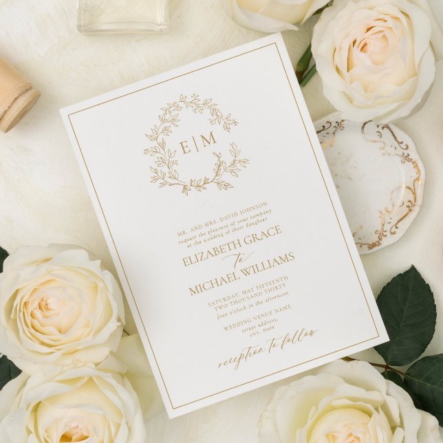 Formal Gold Leafy Wappen Monogram Wedding Einladung (Von Creator hochgeladen)