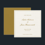 Formal Gold Ochre Frame Script Hochzeit Save The Date<br><div class="desc">Eleganter, formeller und eleganter Platz Hochzeit Sichern Sie das Datum mit Skripttypografie für die Paare Namen, weißer Hintergrund, ein eleganter Rahmen auf der Vorderseite und ein goldener ockerfarbener Backer. Standard-Papier ist ein dickes Cremetapier, aber Sie können es im Hauptmenü des Produkts auf jeden anderen Papiertyp ändern Anpassen Sie es mit...</div>