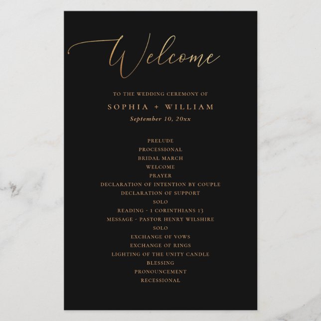 Formal Gold Script & Black Wedding Programm (Vorderseite)