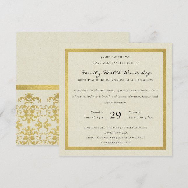 FORMAL GOLD WHITE DAMASK CLASSIC WORKSHOP EVENT EINLADUNG (Vorne/Hinten)
