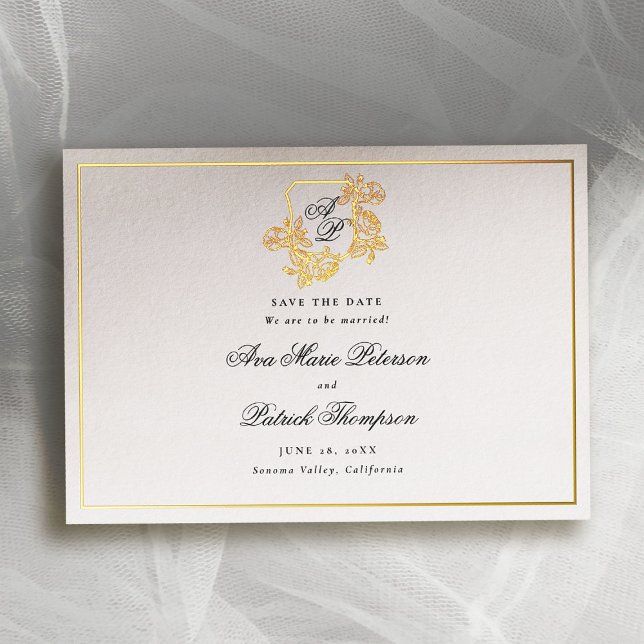 Formal Gold Wild Rose Wappen Hochzeit speichern da Folieneinladung (formal wedding save the date modern classic traditional wild roses floral crest gold foil frame)