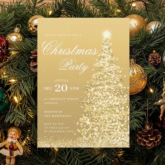 Formal Gold Winter Christmas Tree Holiday Party  Einladung (Formal Gold Winter Christmas Tree Holiday Party Invitation)