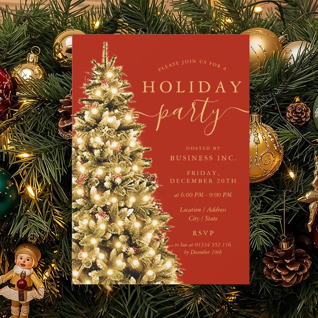Formal Gold Xmas Tree Corporate Holiday Ruby Red  Einladung (Formal Gold Xmas Tree Corporate Holiday Ruby Red Invitation)