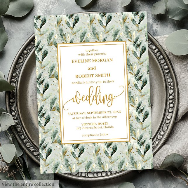 Formal Hunter Green Gold Foliage Wedding Einladung (Formal Hunter Green Gold Foliage Wedding Invitation)