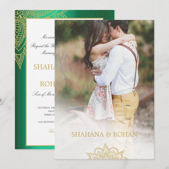 Formal Indian Style Foto Green Gold Chic Hochzeit Einladung (Vorne/Hinten)