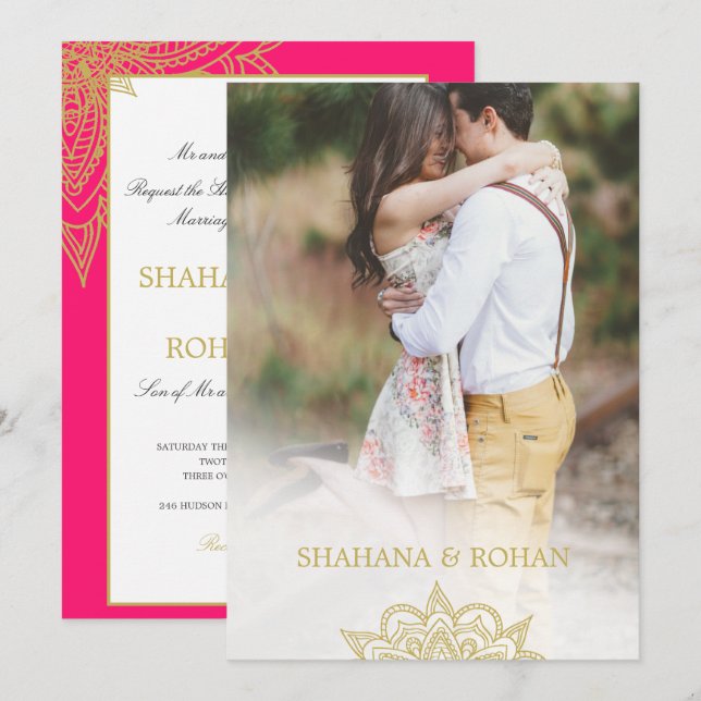Formal Indian Style Foto Pink Gold Chic Hochzeit Einladung (Vorne/Hinten)