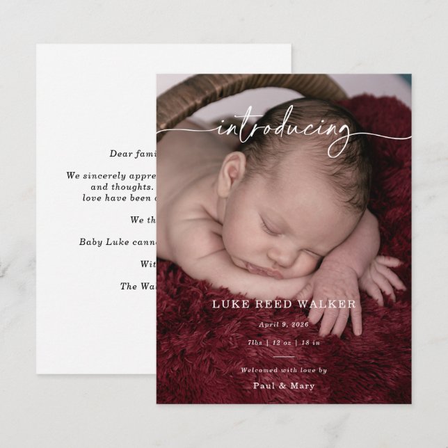 Formal Introducing Photo Baby Announcement Card (Vorne/Hinten)