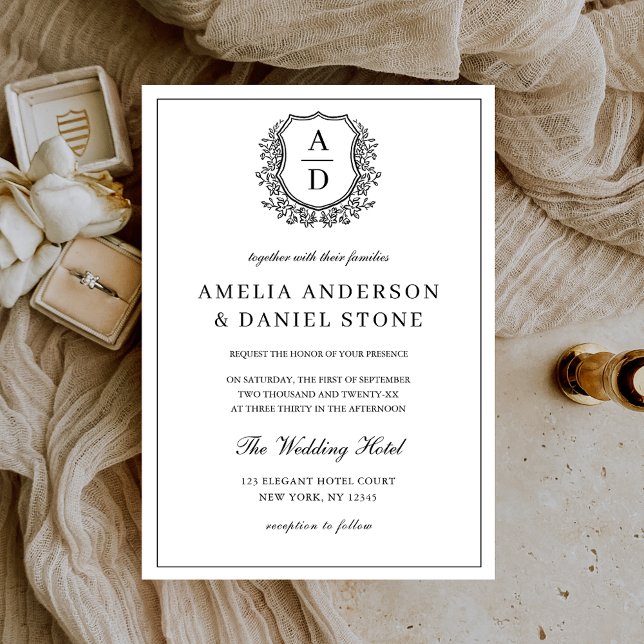 Formal Leafy Wappen Monogram Wedding Elegant Einladung (Von Creator hochgeladen)