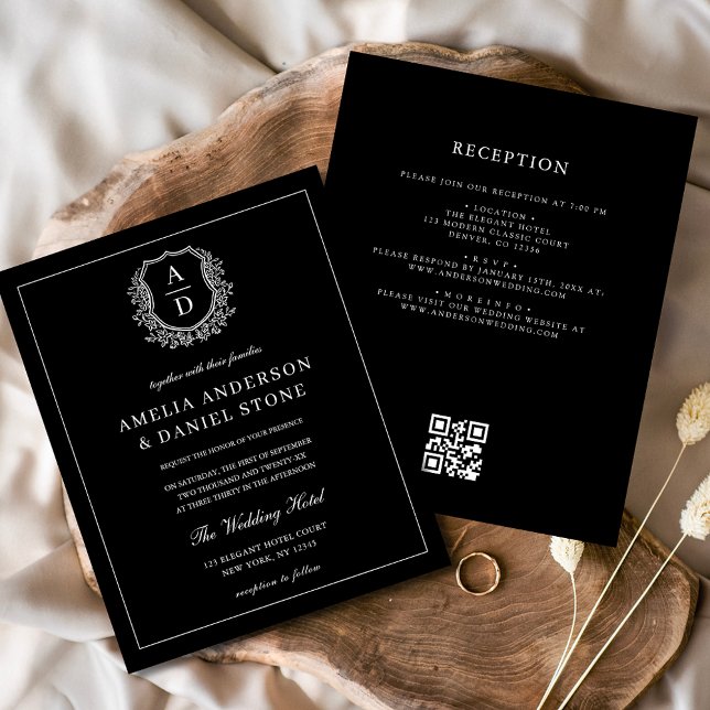 Formal Leafy Wappen Monogram Wedding QR Code Flyer (Von Creator hochgeladen)