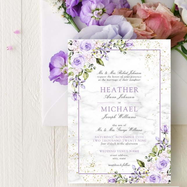 Formal Lilac Lavender Gold Marble Floral Wedding I Einladung (Von Creator hochgeladen)