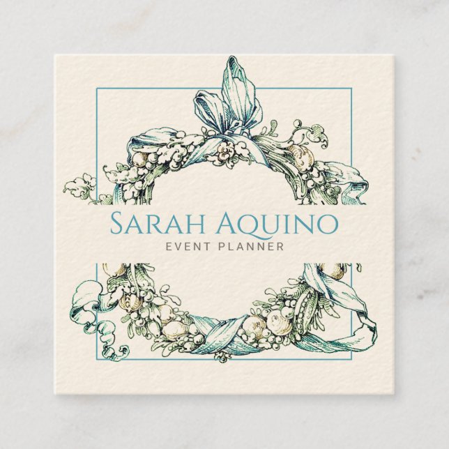 Formal Lush Blue Green Wreath Event Plane Quadratische Visitenkarte (Vorderseite)