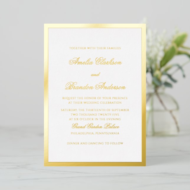Formal Luxuriöse Goldrand-Script-Hochzeit Folieneinladung (Stehend vorne)