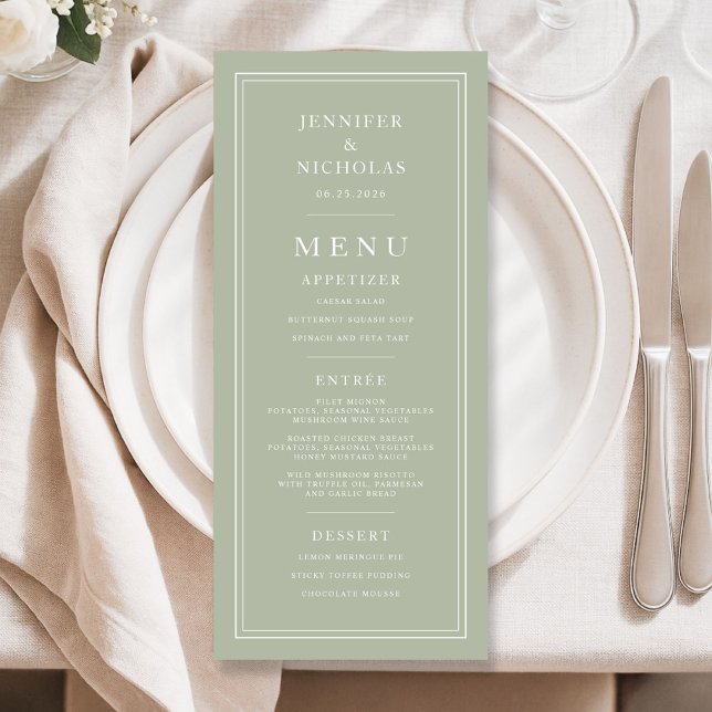 Formal Minimal Sage Green Wedding Menükarte (Formal Minimal Sage Green Wedding Menu)