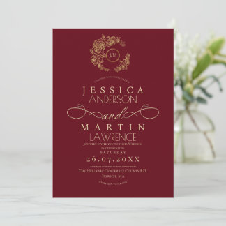 Formal Minimalist Red Gold Wedding  Einladung
