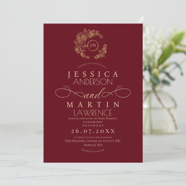 Formal Minimalist Red Gold Wedding  Einladung (Stehend Vorderseite)