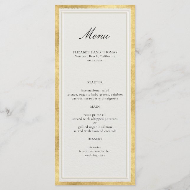 Formal Modern Classic Elevated Gold Ecru Wedding Menükarte (Vorderseite)