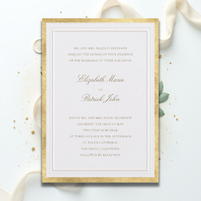 Formal Modern Classic Elevated Gold Pearl Wedding Einladung (formal traditional wedding invitation modern classic double frame gold pearl white ballroom tux)
