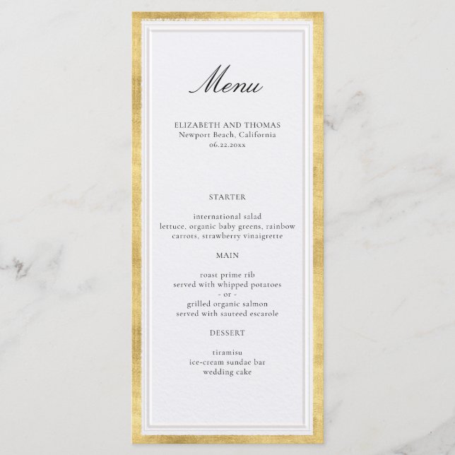 Formal Modern Classic Elevated Gold Pearl Wedding Menükarte (Vorderseite)
