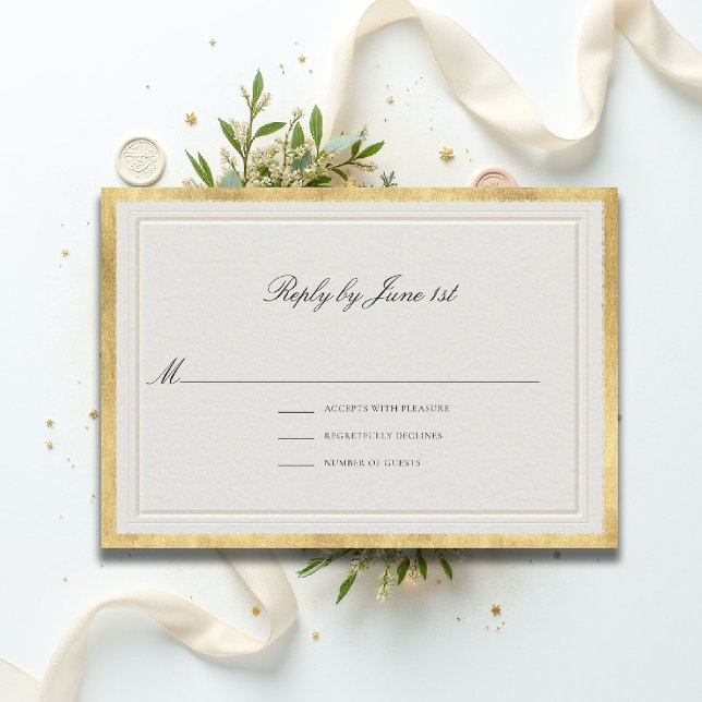 Formal Modern Classic Elevated Golden Ecru Wedding RSVP Karte (formal traditional wedding RSVP response modern classic double frame gold ballroom black tie ecru)